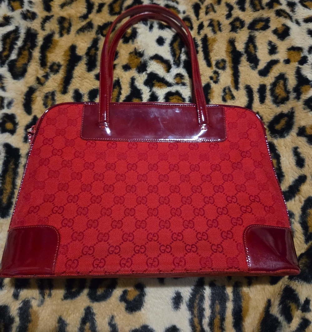 Gucci Red Monogram Satchel with Patent Leather Trim